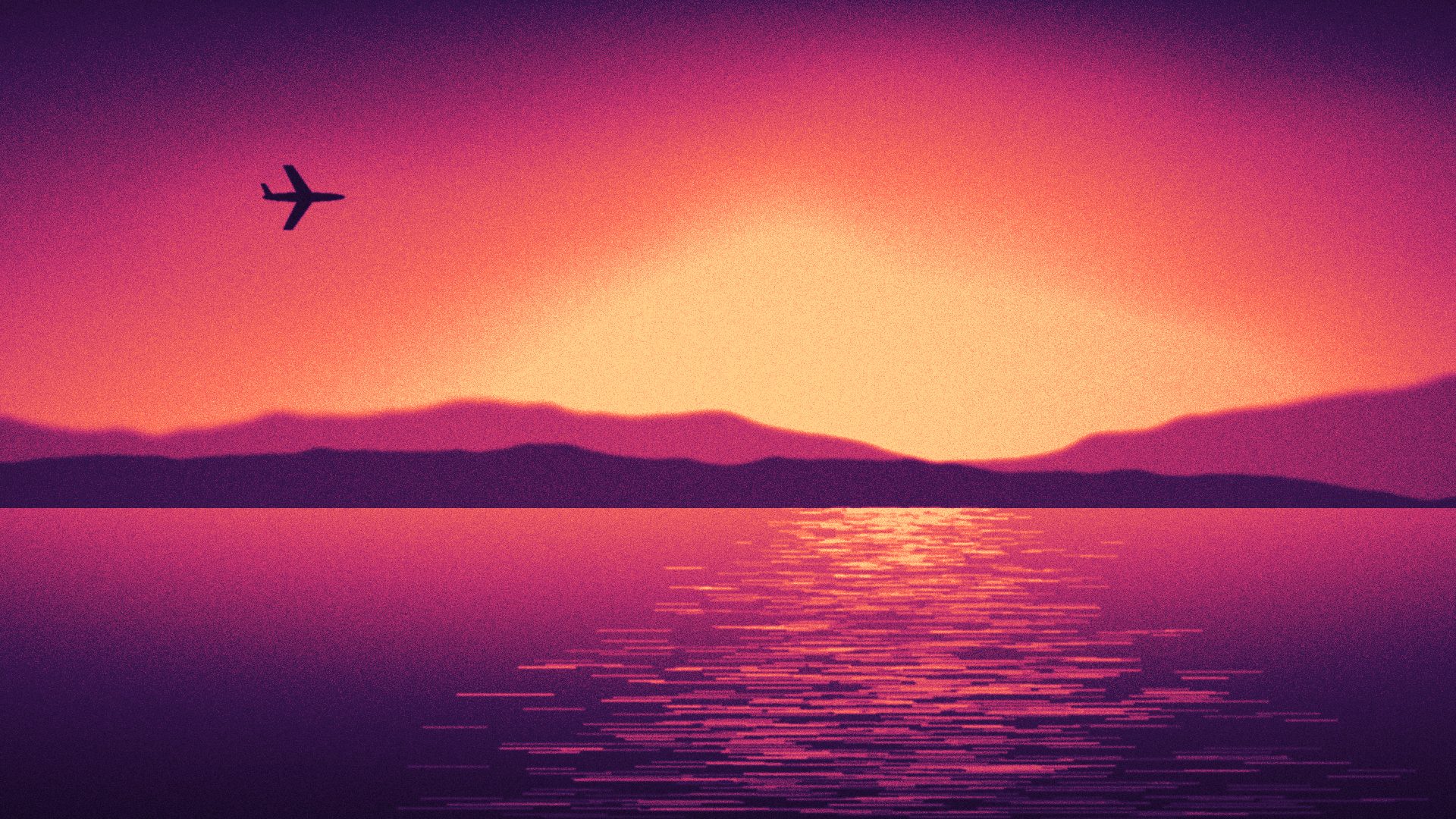 Coucher de soleil rose et orangé sur la mer, montagnes à l'horizon et avion au loin
