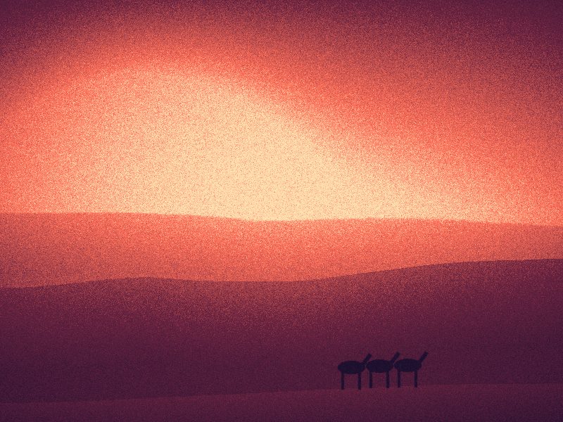 Caravane de dromadaires traversant les dunes au soleil couchant