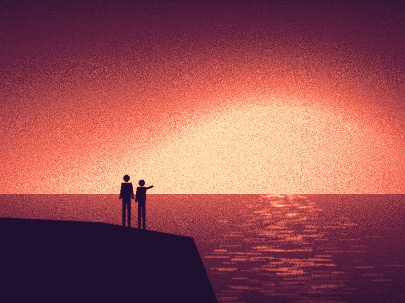 Couple en silhouette sur une falaise face à la mer au coucher du soleil