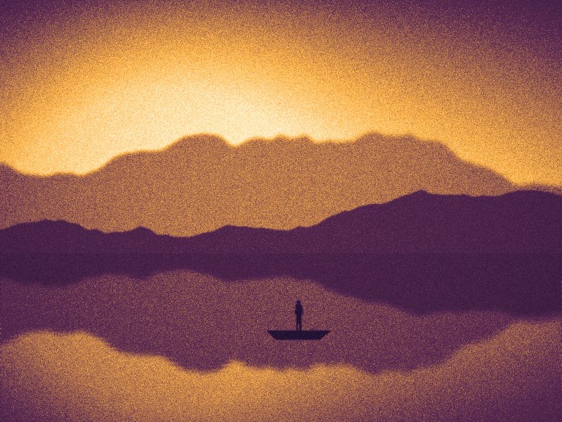 Lac de montagne où se reflètent les sommets, une barque au centre